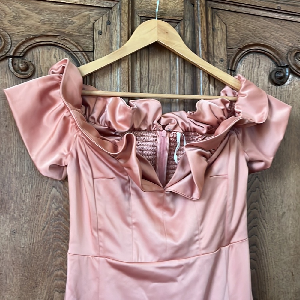 NWT ANTHROPOLOGIE Ruffled Off-The-Shoulder Dress pink satin Size Medium - Picture 9 of 16